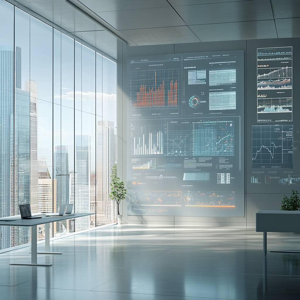 A modern office with large windows showcasing a city view, featuring digital screens on the wall displaying various data visualizations and charts.
