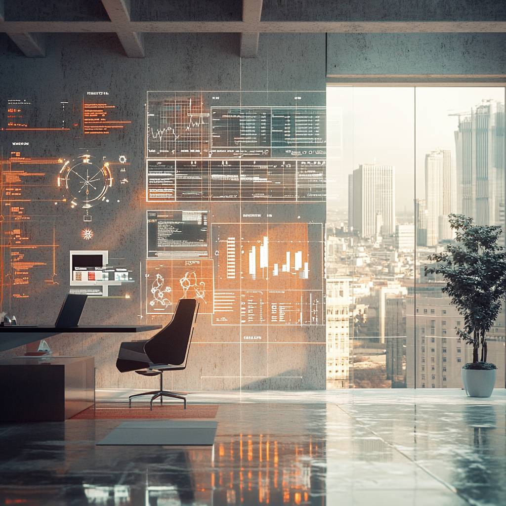 A modern office space featuring a sleek desk, chair, and wall-mounted digital displays with data visualizations, overlooking a city skyline through large windows.