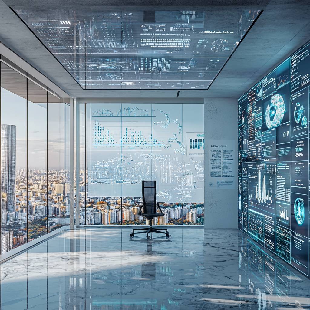 A modern office with a sleek black chair facing large glass windows, displaying digital analytics and a city skyline in the background.