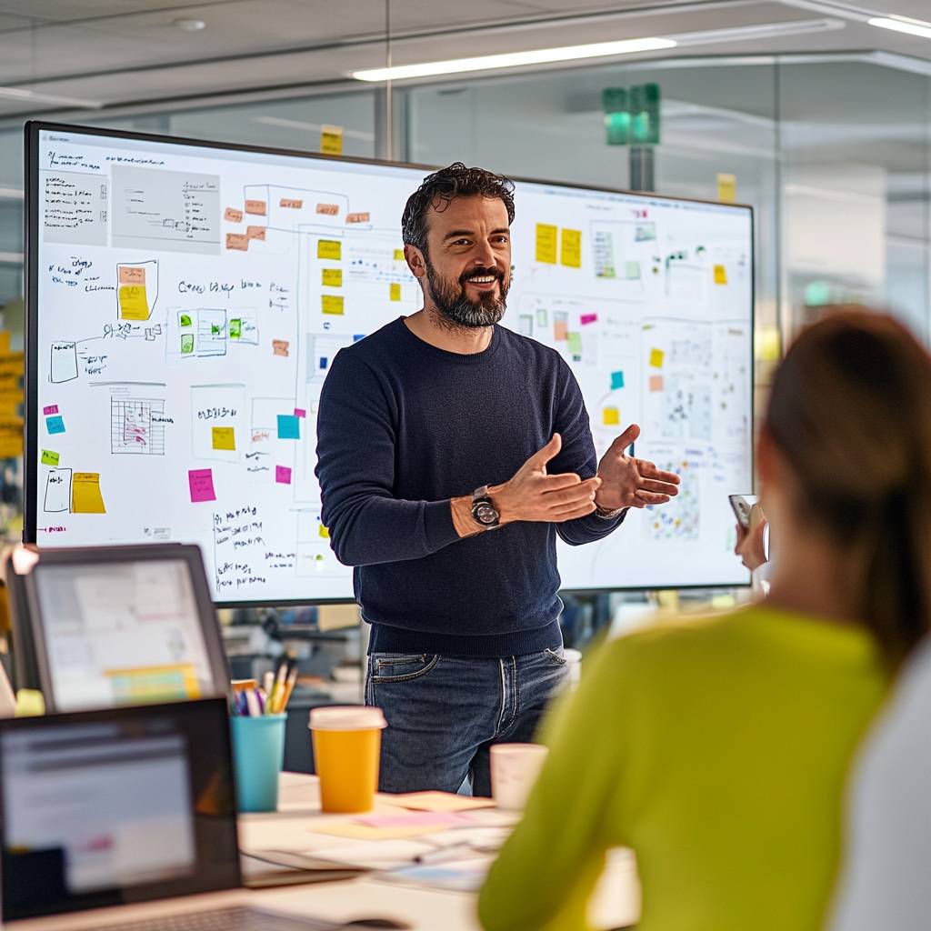 A man in a navy sweater gestures while speaking in front of a digital screen filled with notes and diagrams, engaged with an audience.