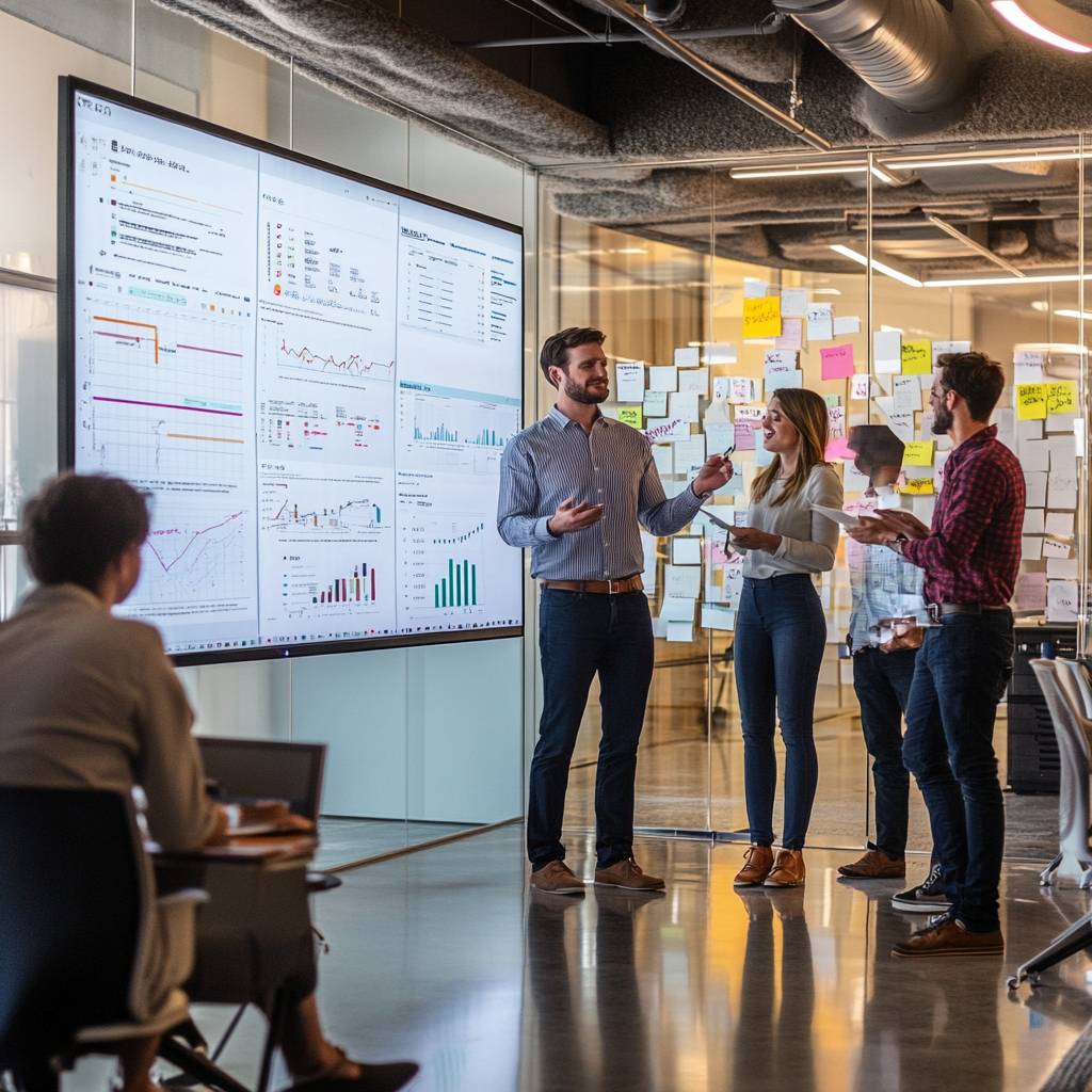 A group of three professionals engaged in a discussion in an office, with a large screen displaying data charts and notes on a glass wall.