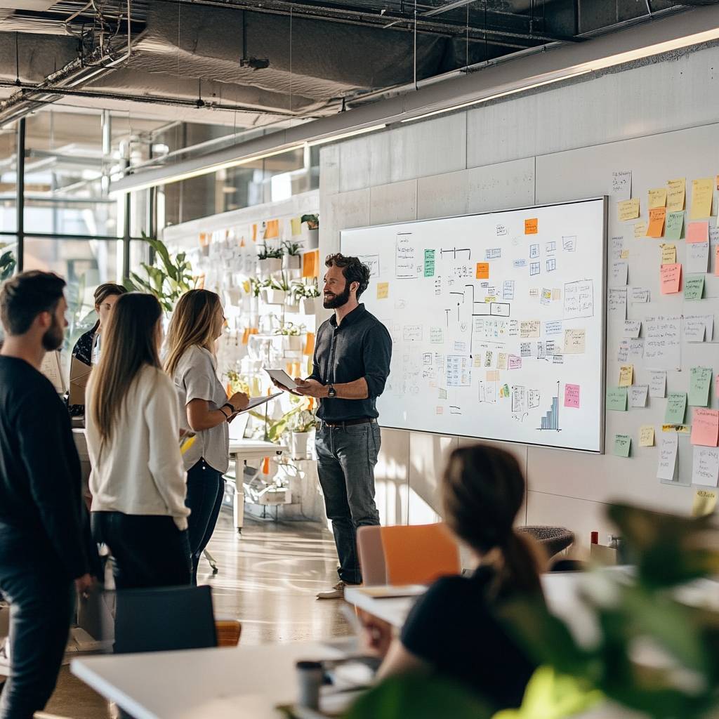 A group of four people engaged in a discussion in a modern office, with a whiteboard filled with diagrams and colorful sticky notes in the background.