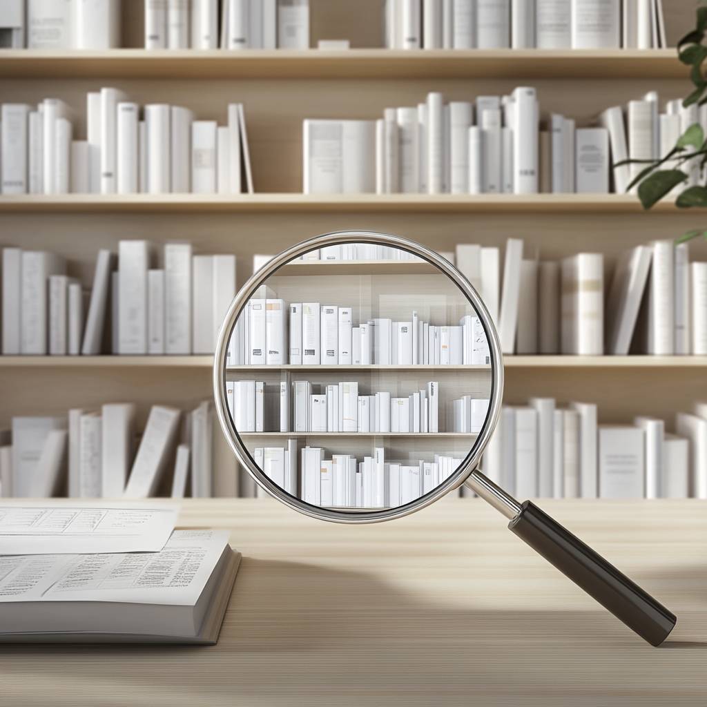 A close-up view of a magnifying glass resting on a table, focusing on a shelf filled with neatly arranged white books in a modern library.