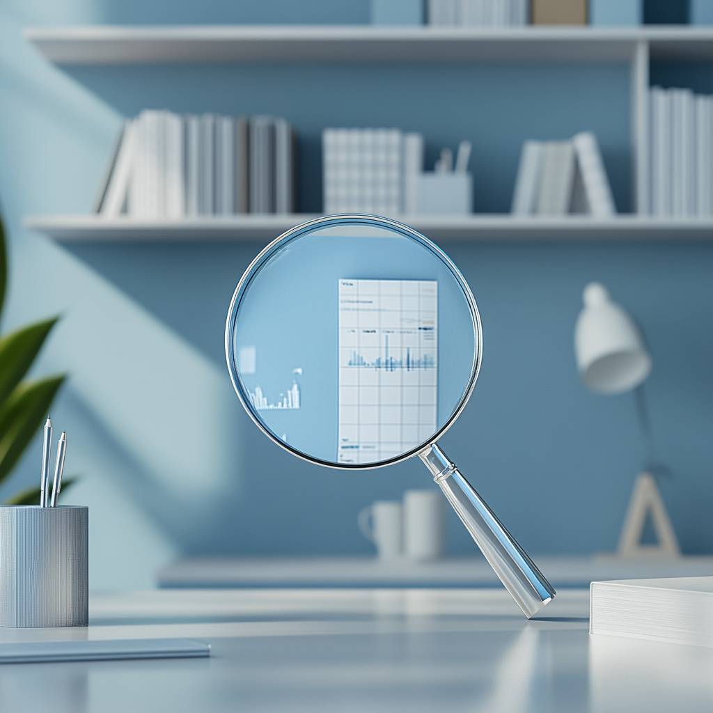 A magnifying glass on a desk focusing on a chart with graphs, surrounded by books, a lamp, and a pen holder in a blue-toned office setting.