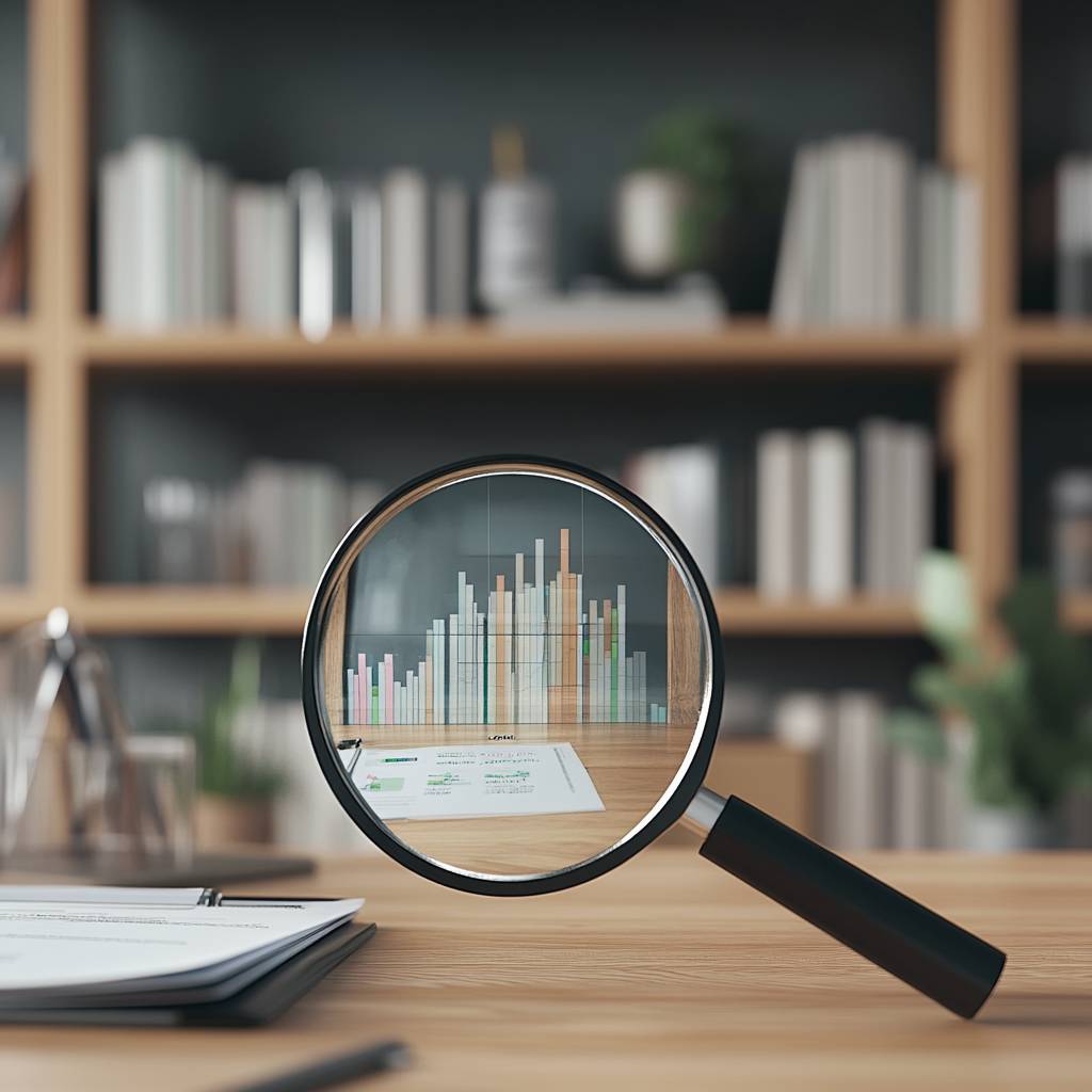 A magnifying glass focuses on a colorful bar graph printed on a document, with a blurred bookshelf in the background.