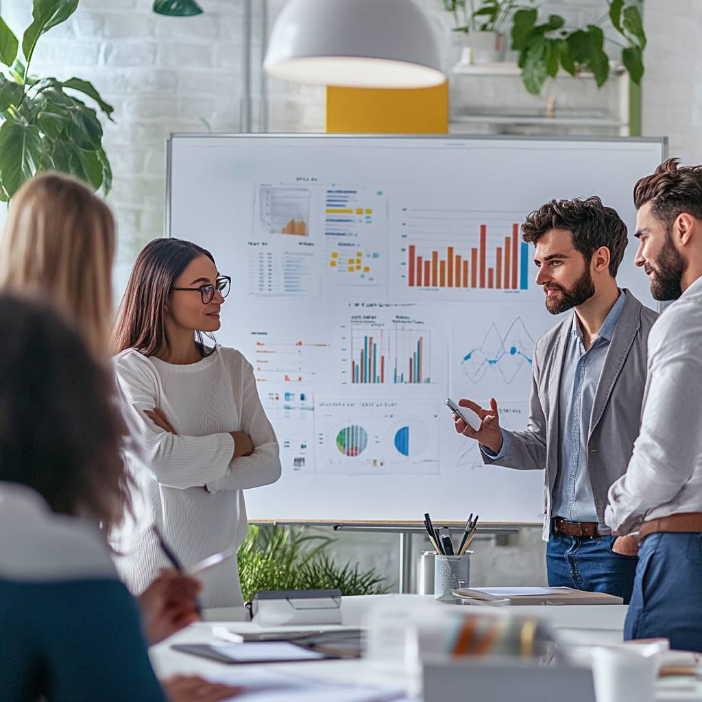 A group of professionals engaged in discussion around a presentation board displaying various charts and graphs in a modern office setting.