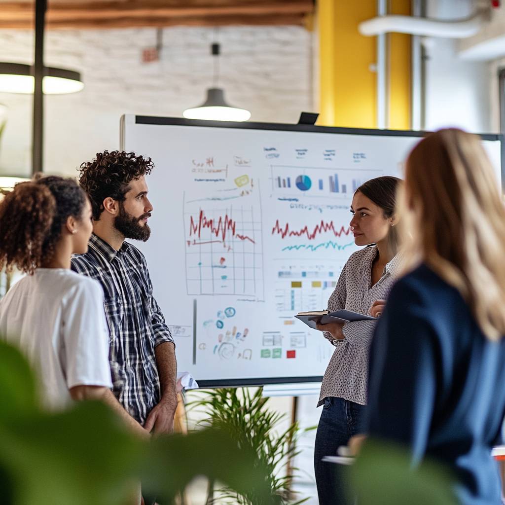 A group of four professionals engaged in a discussion around a whiteboard displaying graphs and charts in a modern office setting.