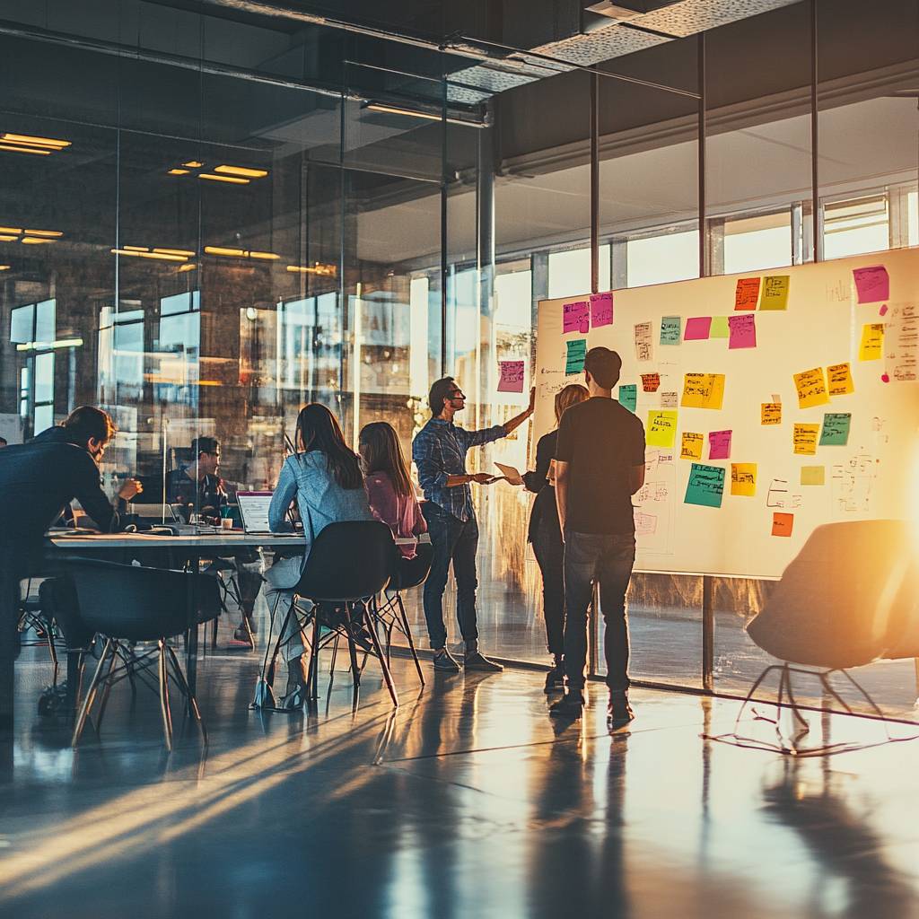 A group of people collaborating in a bright office space, discussing ideas while reviewing colorful sticky notes on a wall.