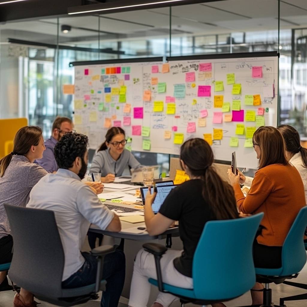 A diverse group of six people collaborating around a round table, engaged in discussion and analyzing colorful sticky notes on a whiteboard.