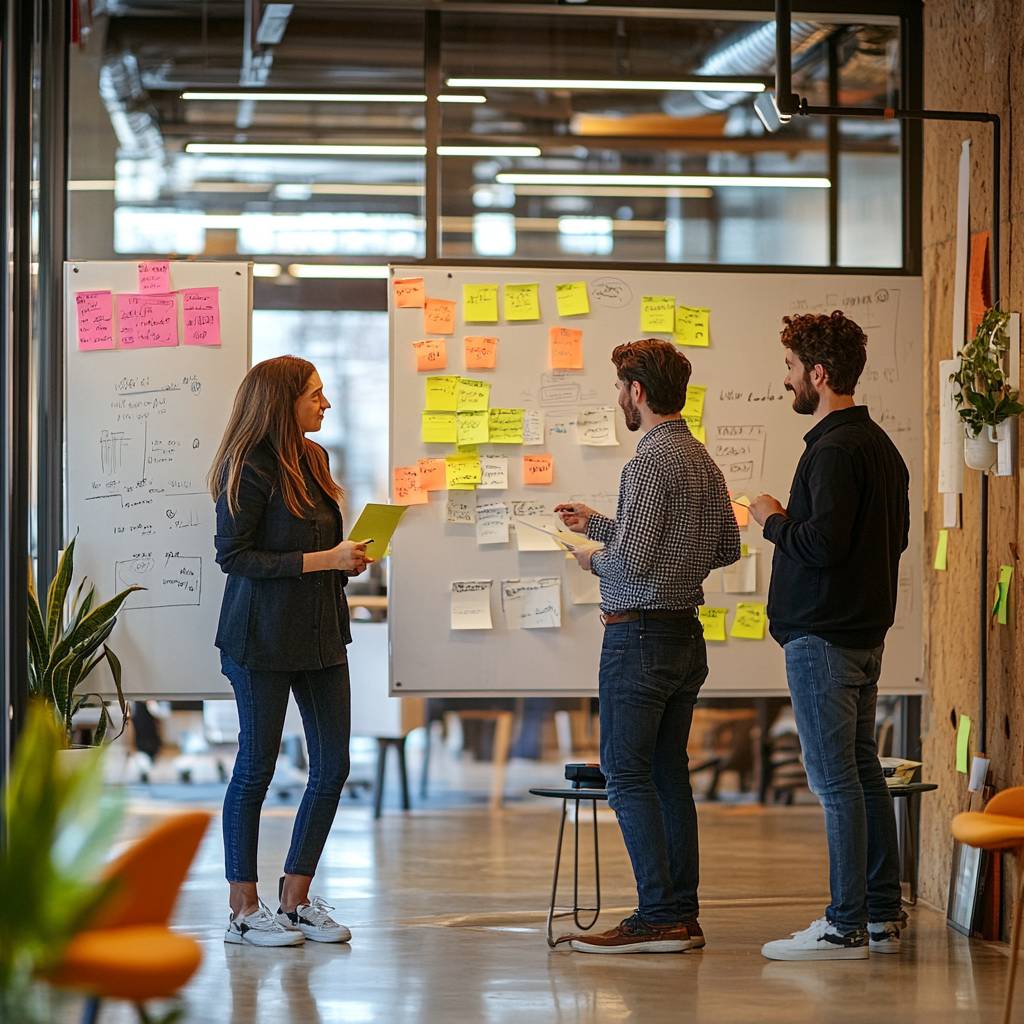A group of three people engaged in a discussion in a modern office, standing by a whiteboard filled with colorful sticky notes.