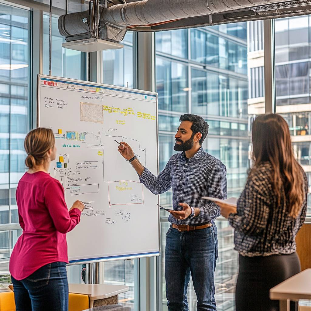 A diverse group of three professionals engaged in a discussion around a whiteboard filled with diagrams and notes in a modern office setting.