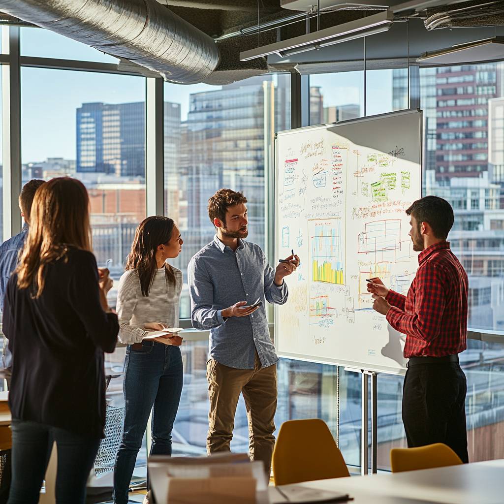 A diverse group of four professionals collaborates in a modern office, discussing ideas and strategies by a whiteboard filled with charts and notes.