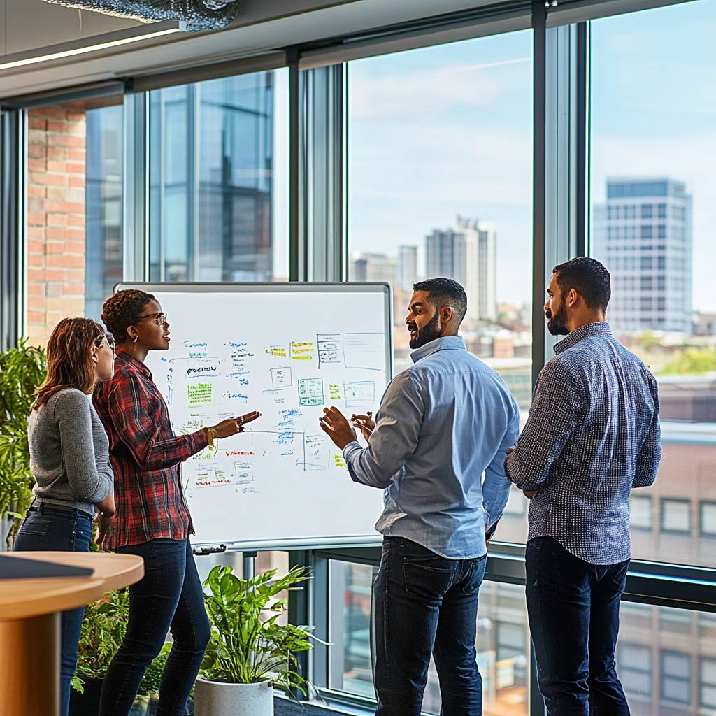 A diverse group of four people stands around a whiteboard in an office setting, discussing ideas with a city skyline visible through large windows.