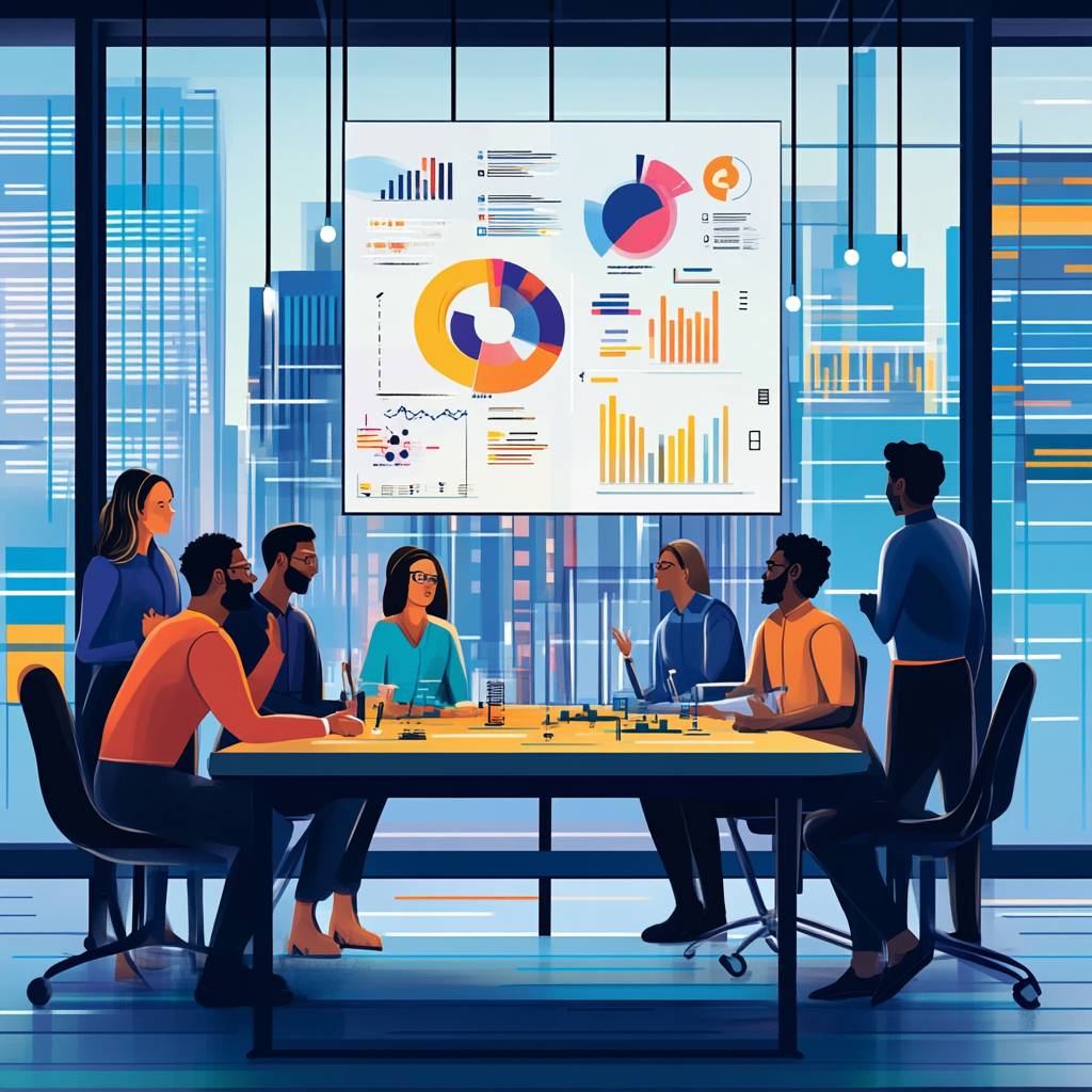A diverse group of people in a modern conference room, engaged in discussion with a large screen displaying graphs and data visualizations.