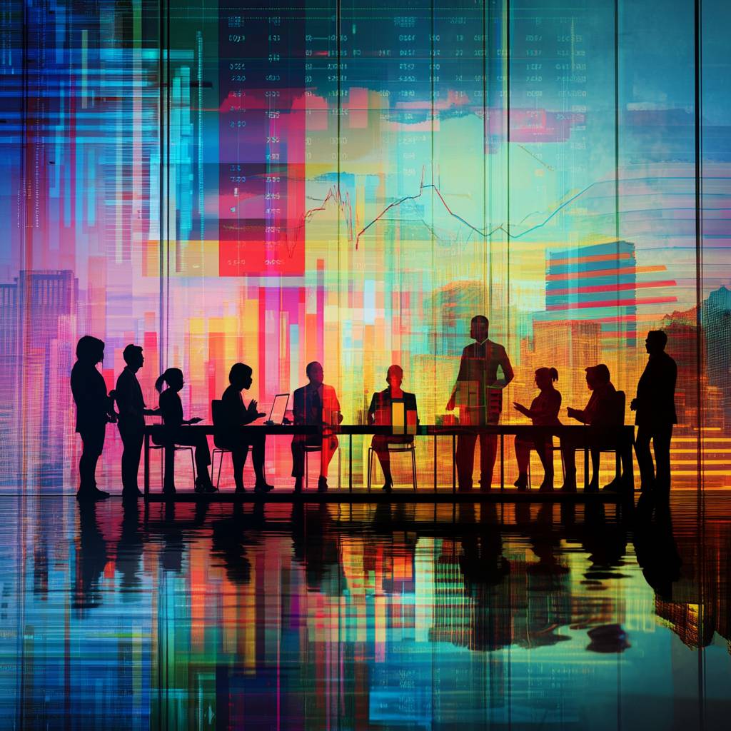Silhouettes of business professionals in a meeting room with vibrant, colorful digital graphs and cityscape reflections on the wall.