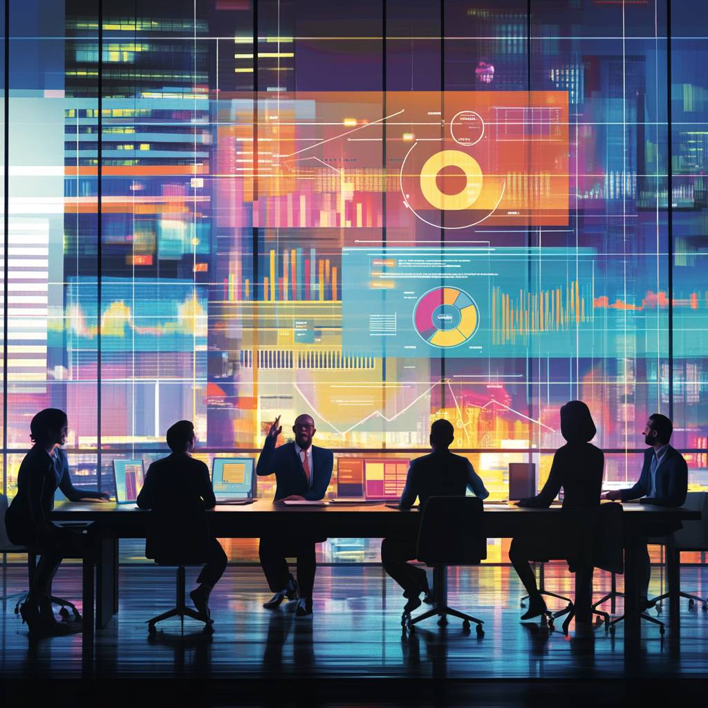 A diverse group of professionals seated around a conference table, engaged in discussion with data visualizations on a large screen behind them.
