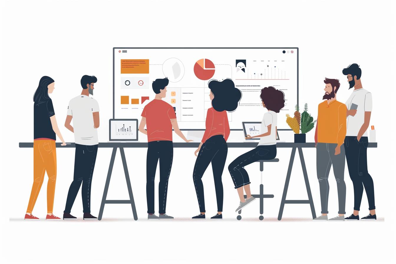 A group of diverse individuals collaborating in front of a large screen displaying charts and data, engaged in a creative discussion in a modern workspace.