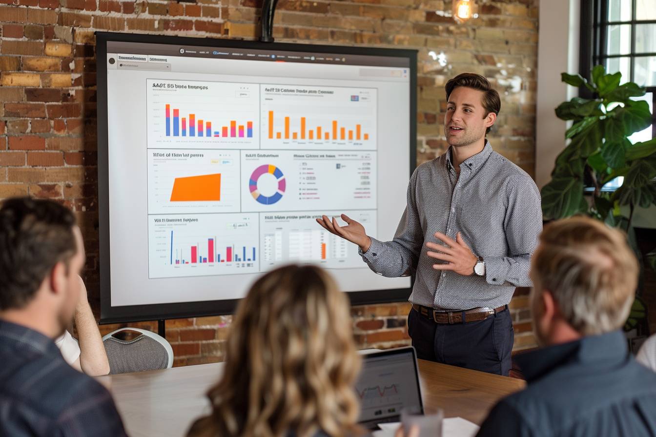 A man in a patterned shirt presents business data on a large screen to an audience in a modern meeting room with a brick wall background.