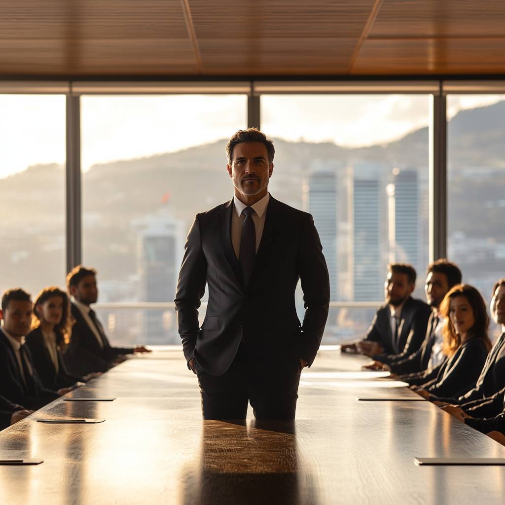 A confident businessman stands at the forefront of a boardroom, surrounded by colleagues seated at a long table, with a city skyline visible behind.