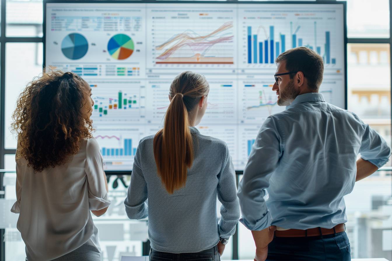 Three professionals examine data visualizations on a large screen, showcasing graphs and charts in a modern office setting.