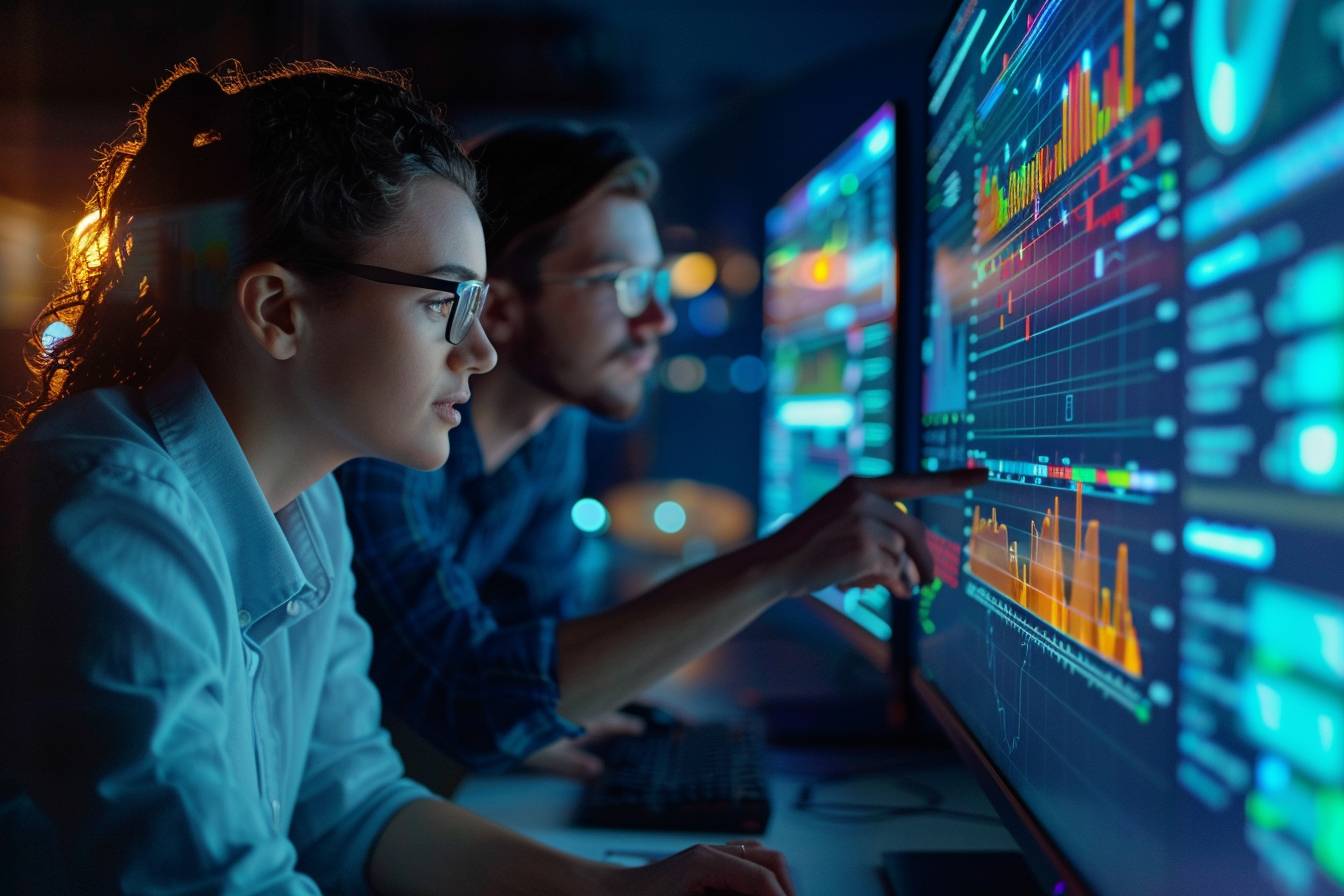 Two analysts closely observe data charts on large monitors in a dimly lit room, highlighting trends and discussing insights using technology tools.