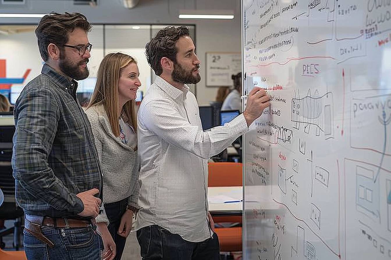Three colleagues collaborate at a whiteboard filled with notes and sketches, discussing ideas in a modern office environment.