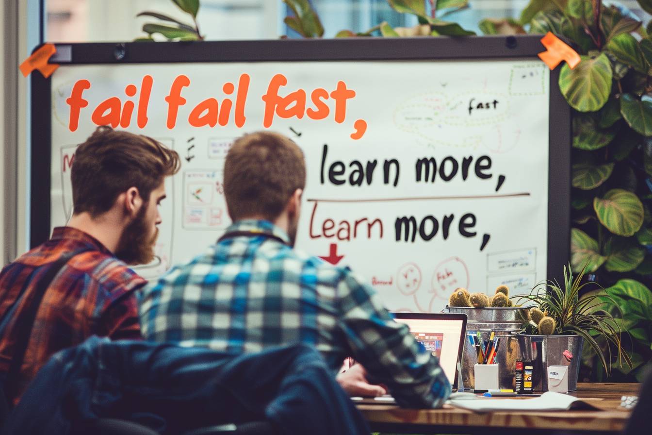 Two individuals are seated at a table, viewing a whiteboard that displays motivational phrases about failure and learning, with plants in the background.
