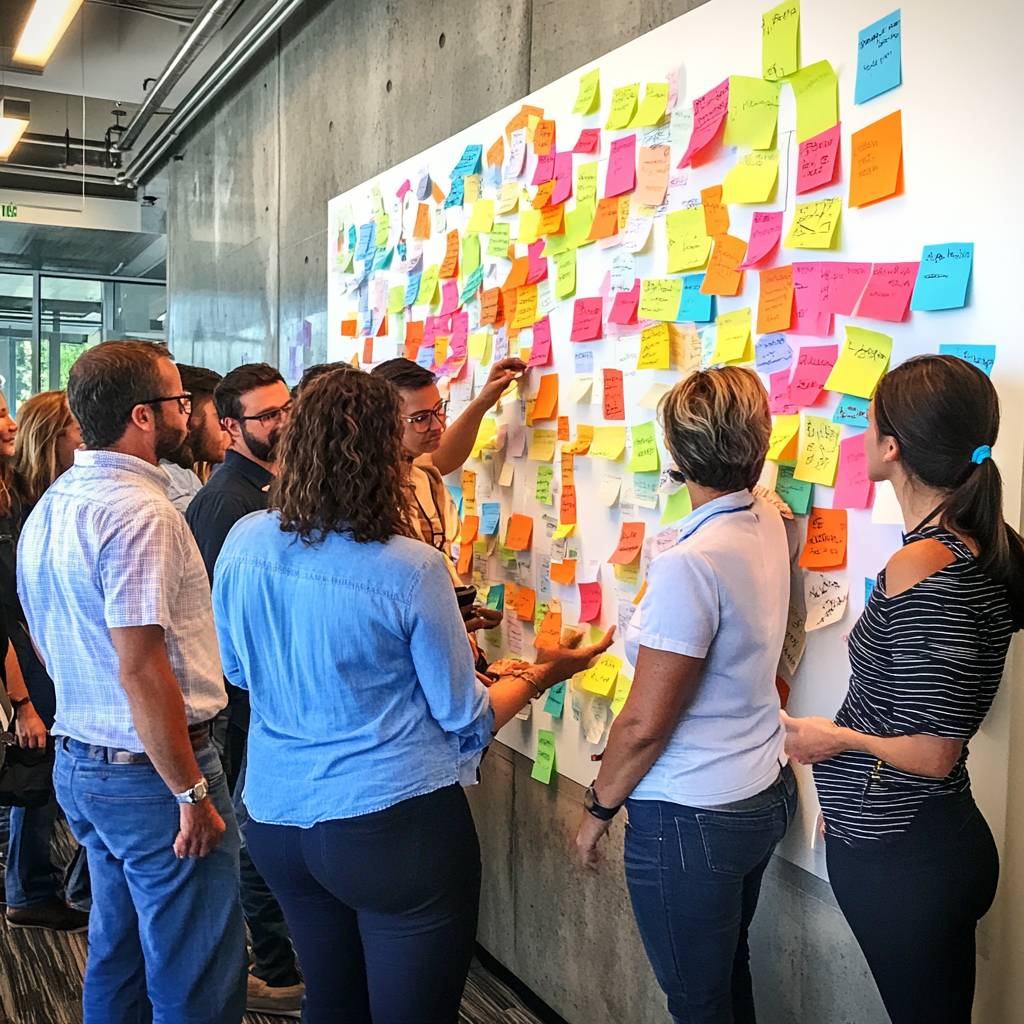 A group of people engaged in a collaborative brainstorming session, discussing ideas on colorful sticky notes attached to a wall.