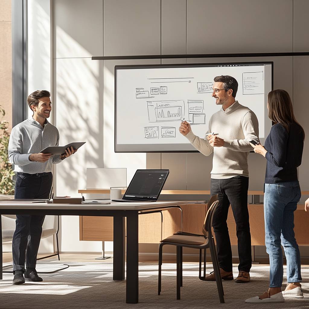 A modern office meeting where three professionals discuss ideas, with a digital display showing sketches and data insights. Laptops and notepads present.