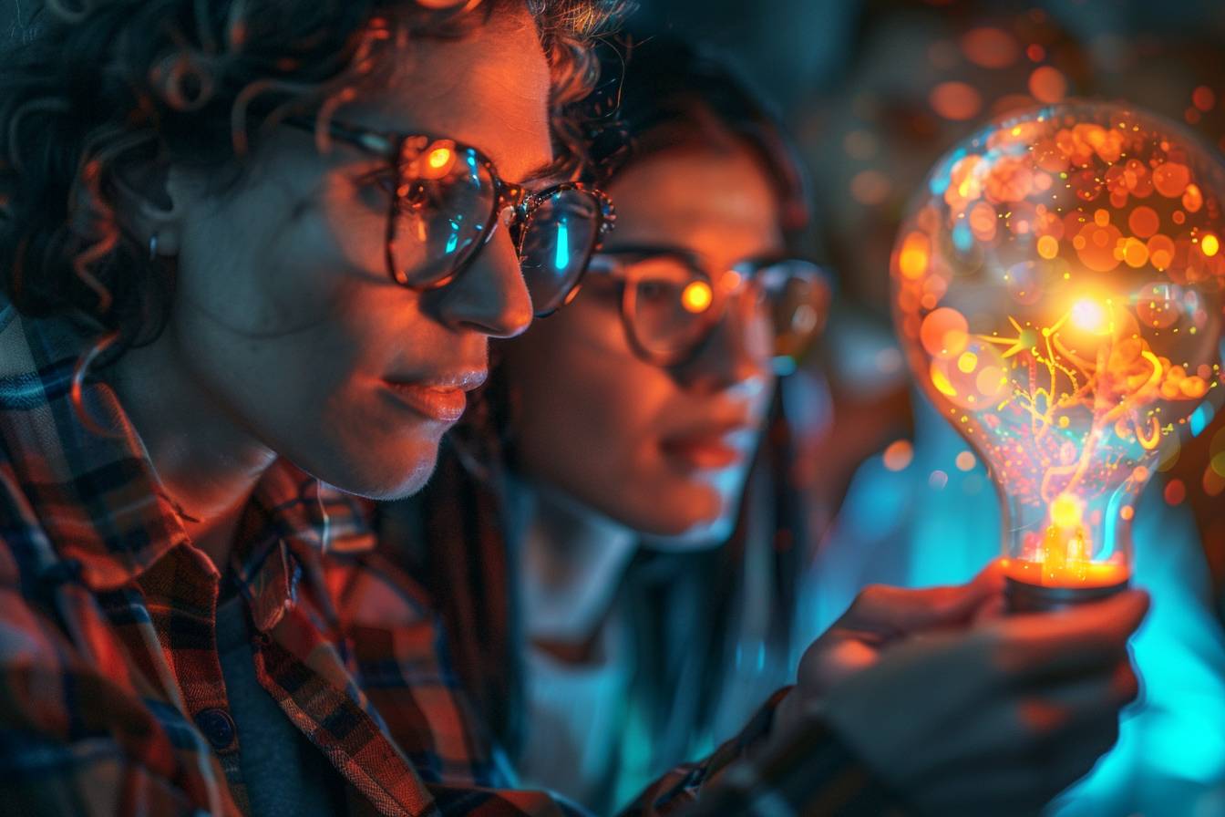 Two individuals with glasses focus on a glowing light bulb filled with vibrant colors and swirling patterns, embodying creativity and inspiration.