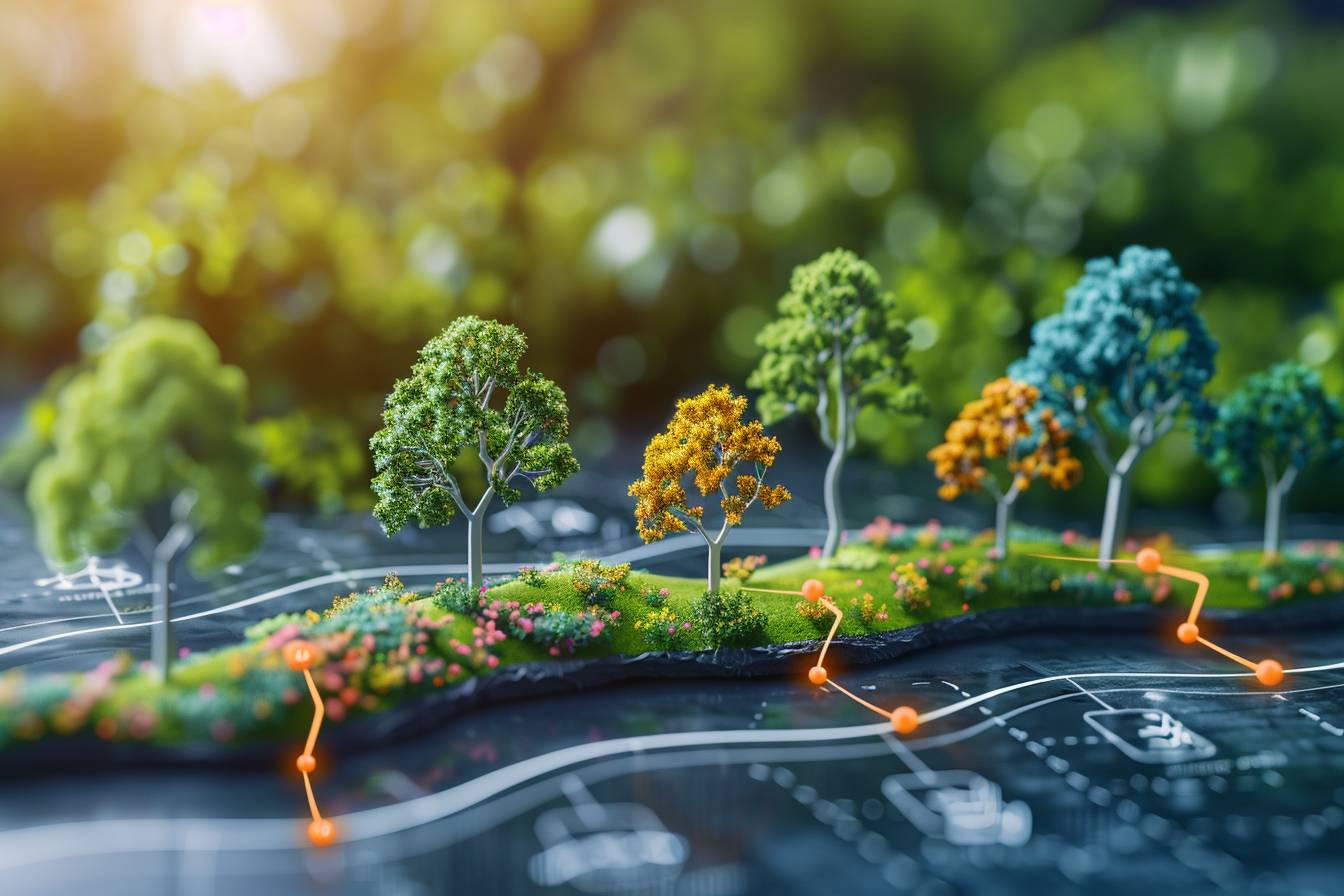 A miniature landscape featuring colorful trees and flowers along a winding pathway, set against a blurred green background, symbolizing nature and planning.