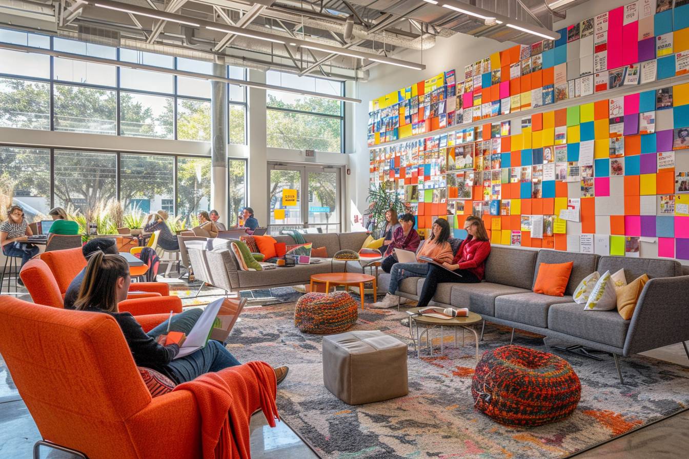 A bright, modern lounge space featuring colorful seating, a wall of notes, and people engaged in reading and working on laptops.