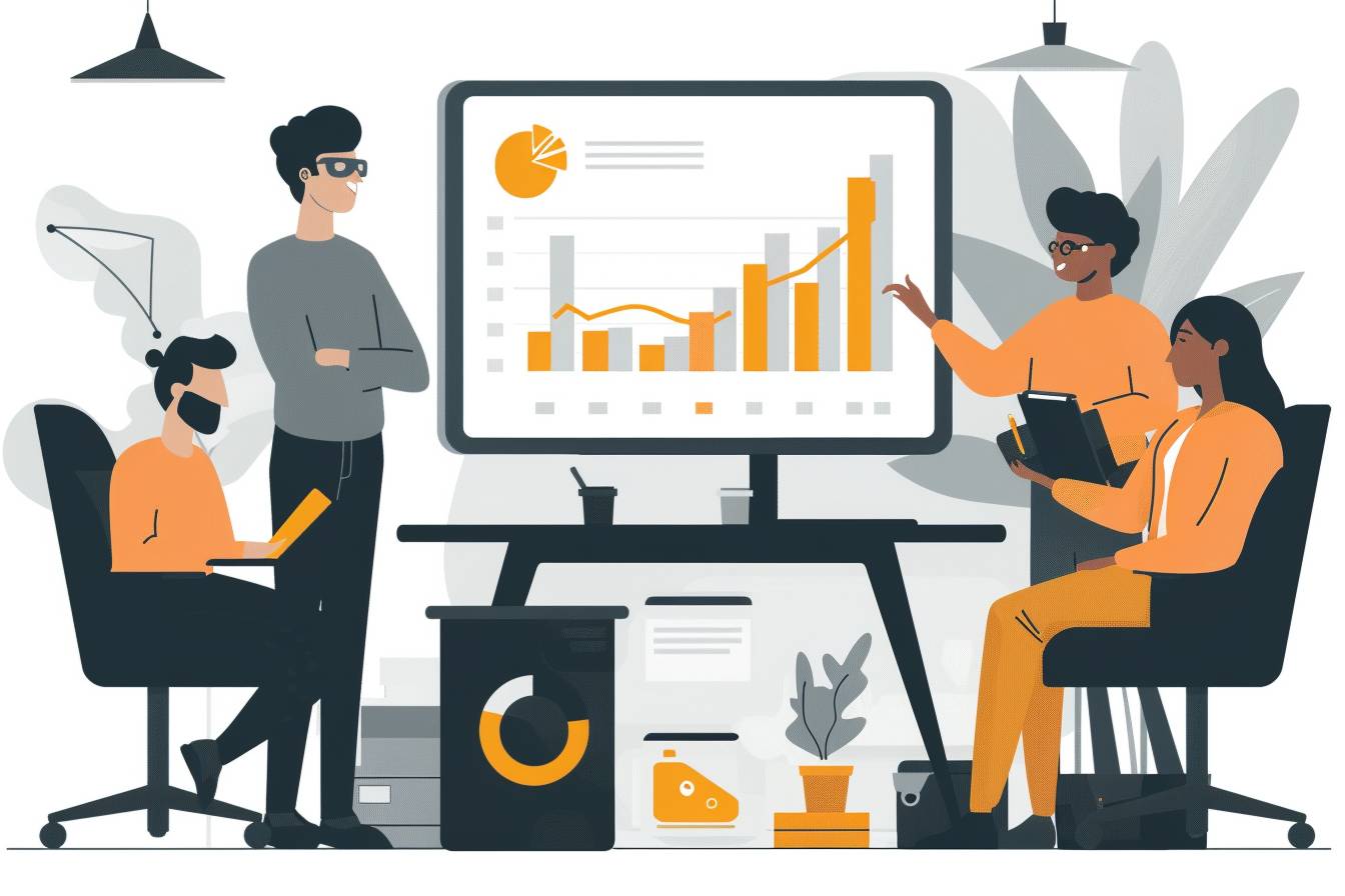 A group of four diverse individuals collaborates over a large screen displaying informative graphs and charts in a modern office setting.