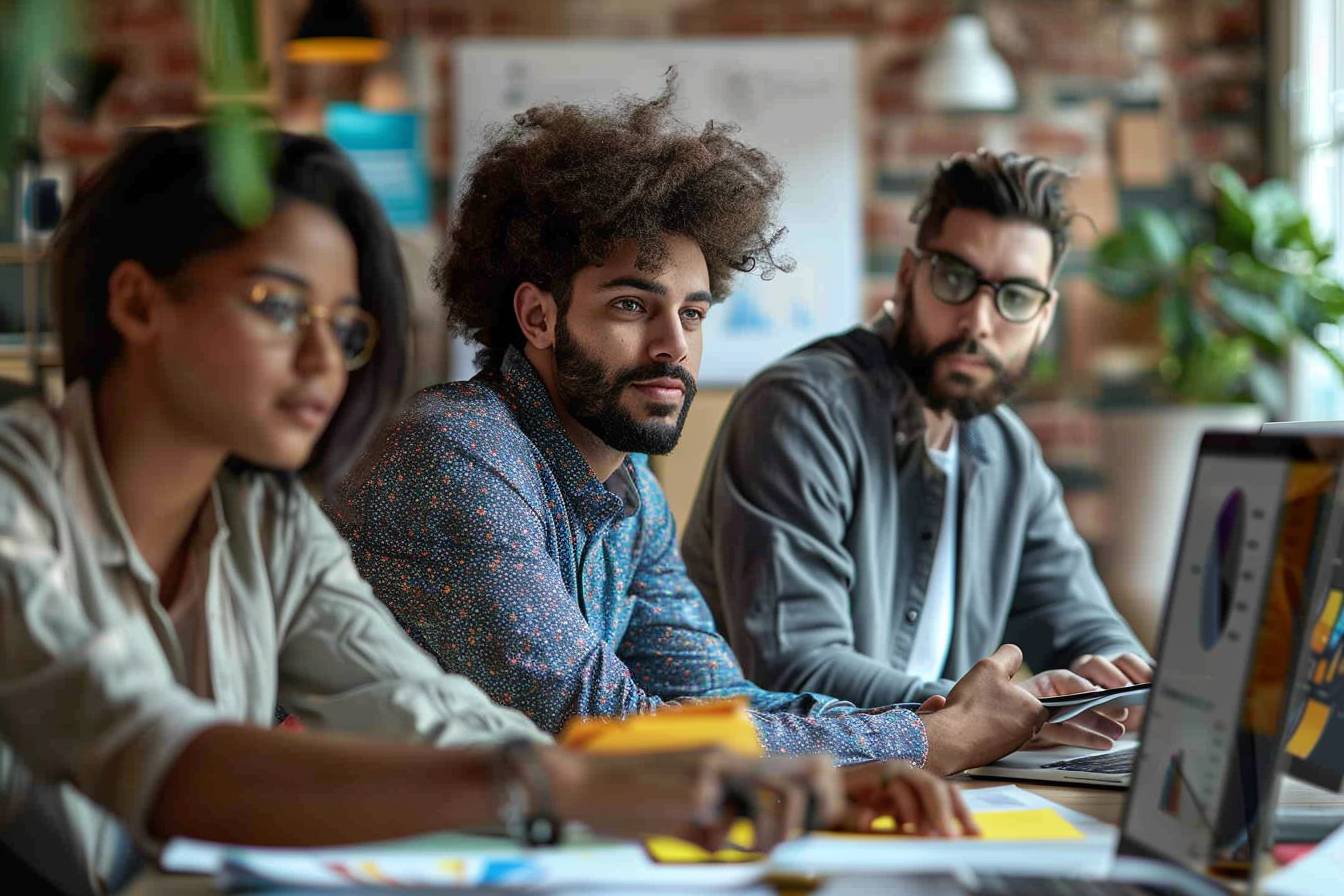 A diverse group of three professionals engaged in a focused discussion at a modern office workspace, with laptops and documents on the table.