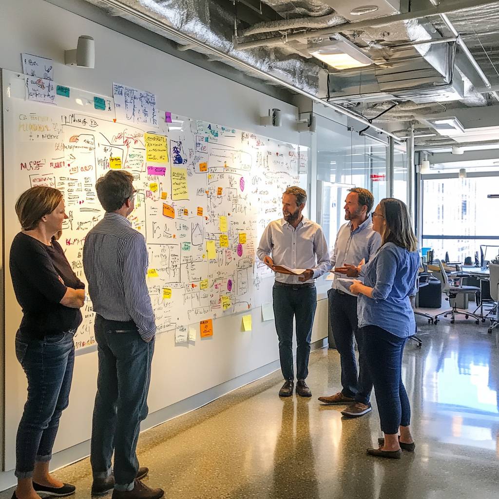 A group of professionals stands in an office, discussing insights displayed on a whiteboard filled with charts, notes, and diagrams, fostering collaboration.