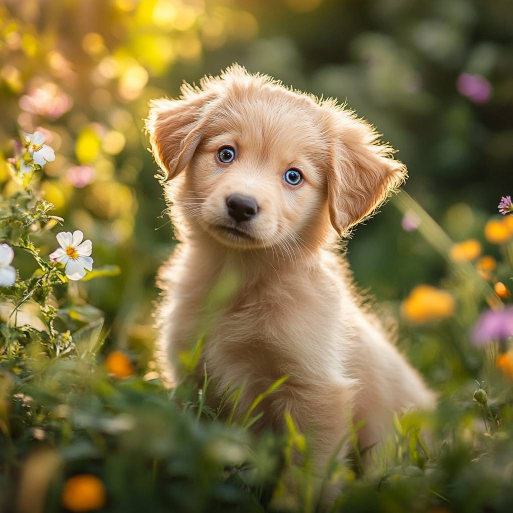 A fluffy golden puppy with striking blue eyes sits in a vibrant flower-filled meadow, capturing the essence of innocence and playfulness.