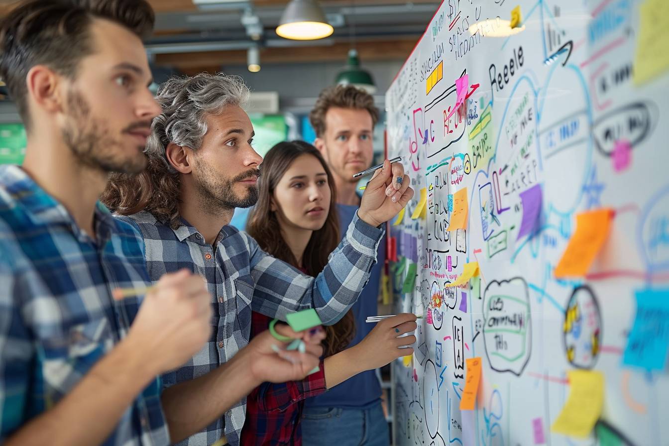 A group of four diverse individuals collaborates in an office, analyzing a whiteboard filled with colorful notes and diagrams for brainstorming.