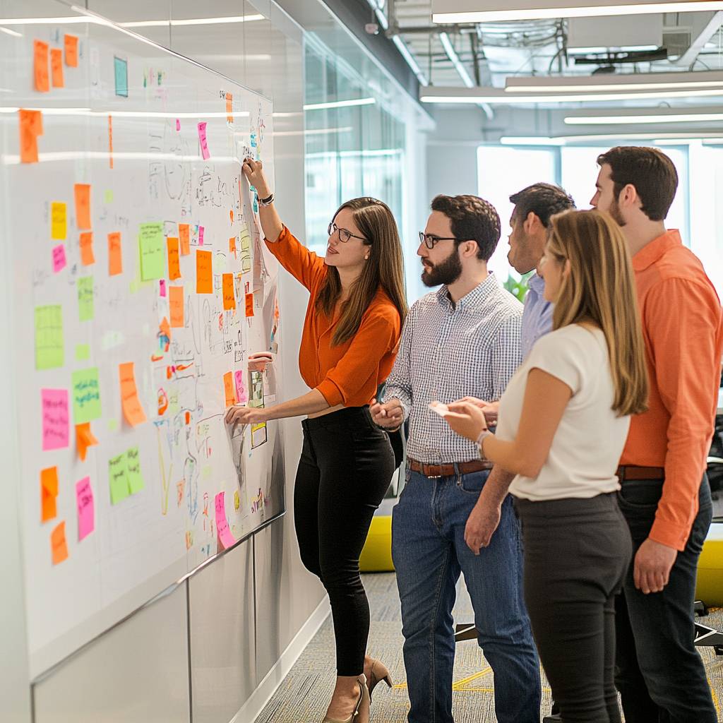 A diverse group of six professionals collaborates in a modern office, analyzing a whiteboard filled with colorful sticky notes and diagrams.