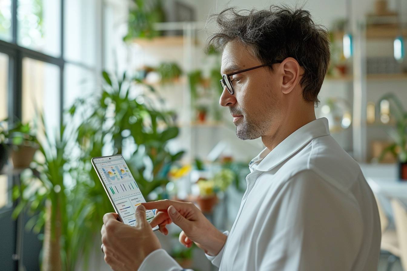 A man wearing glasses interacts with a tablet displaying colorful graphs, surrounded by greenery in a bright indoor space.