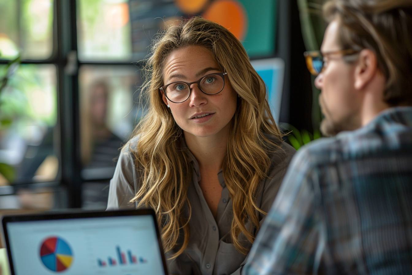 A woman with long, wavy hair and glasses engages in a conversation, focused on her laptop displaying colorful charts and graphs.
