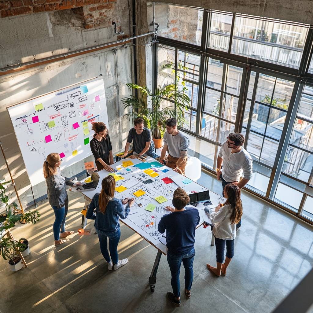 A diverse team collaborates in a bright, modern workspace, using sticky notes and documents on a large table to brainstorm ideas.