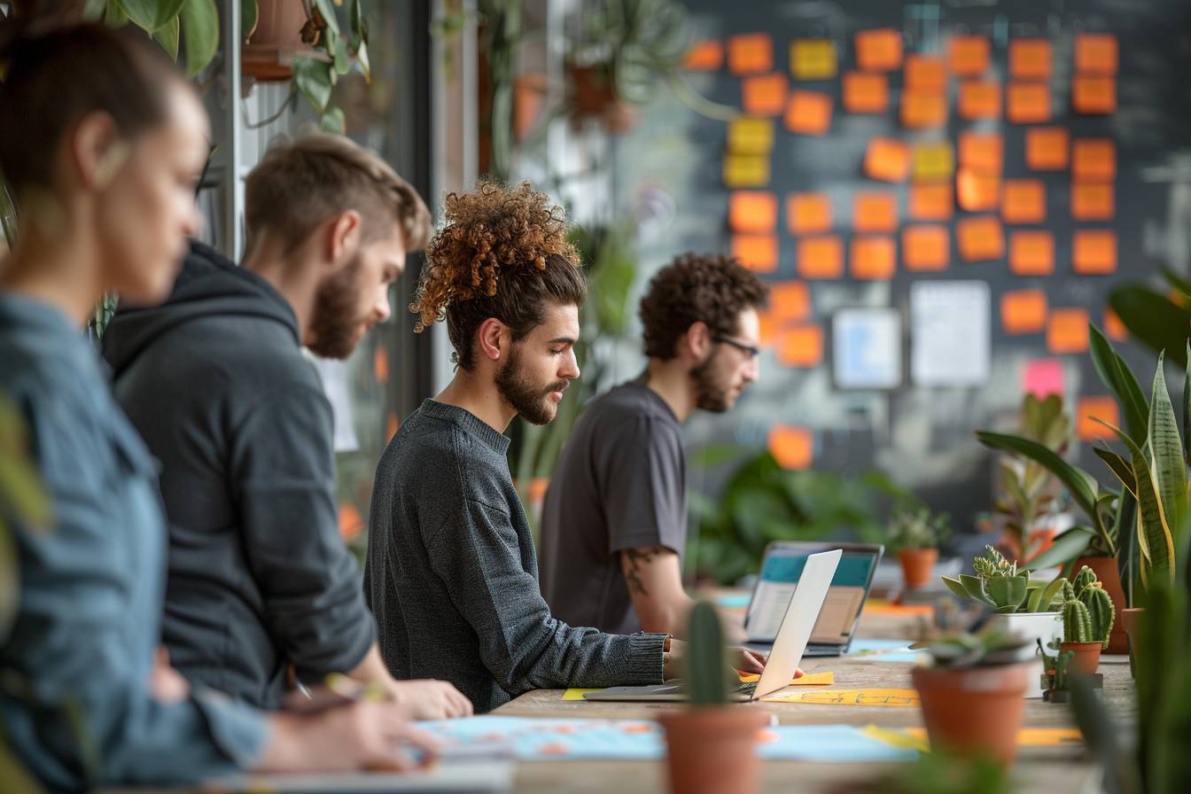 A group of four individuals working together at a table filled with plants, laptops, and colorful sticky notes in a bright office space.