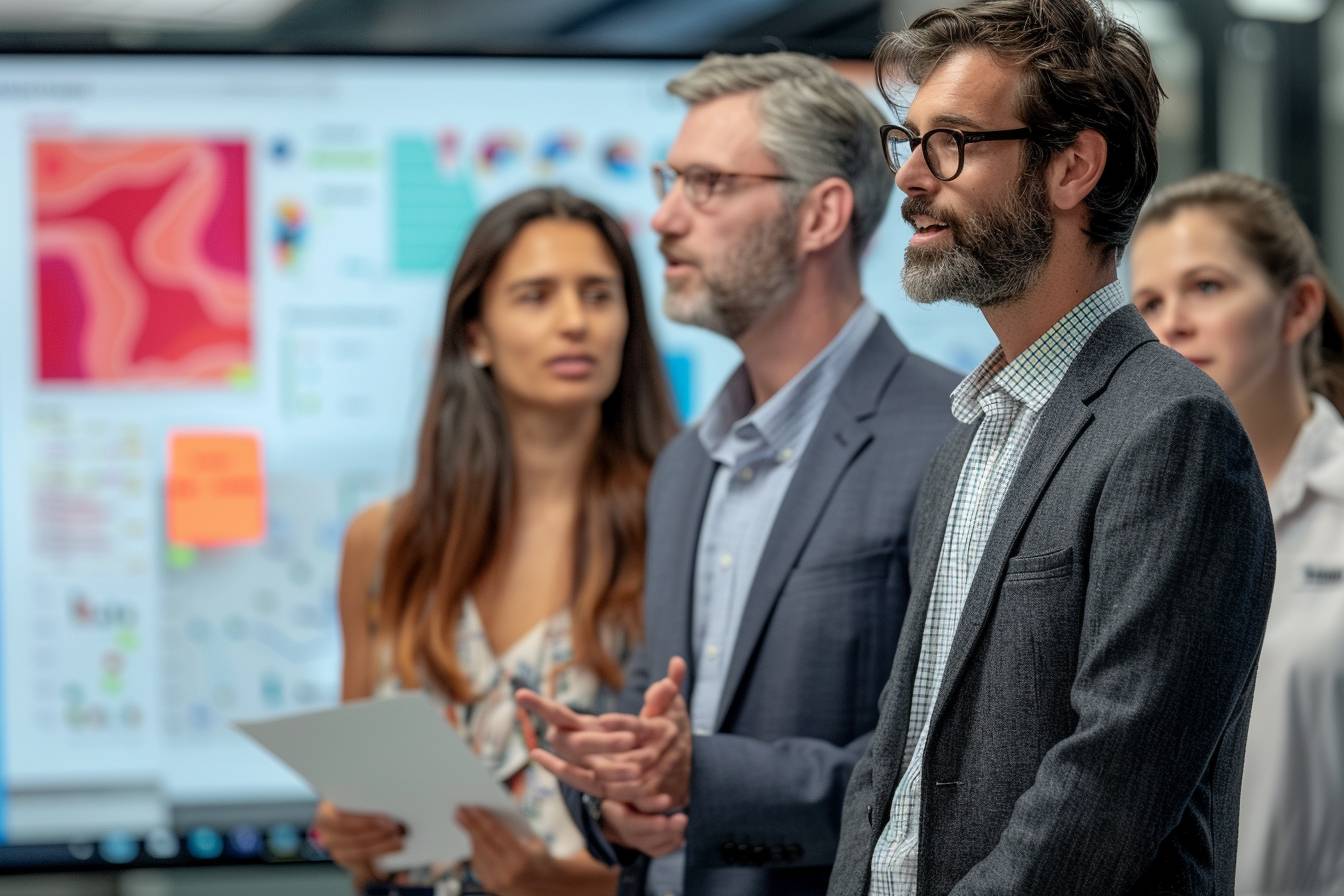 A diverse group of professionals engaged in a discussion, standing in front of a presentation board covered with colorful charts and notes.