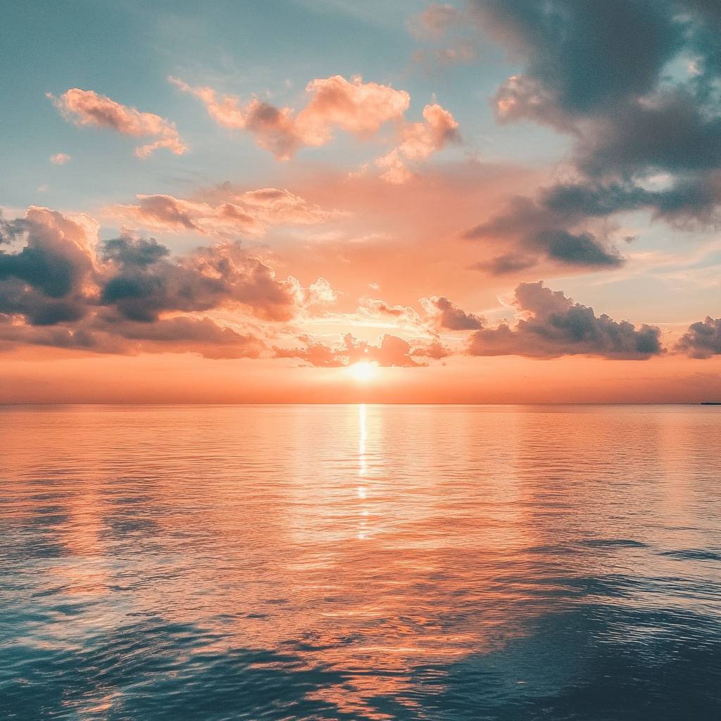 A serene sunset over a calm ocean, with vibrant orange, pink, and blue hues reflecting on the water, and soft clouds scattered in the sky.