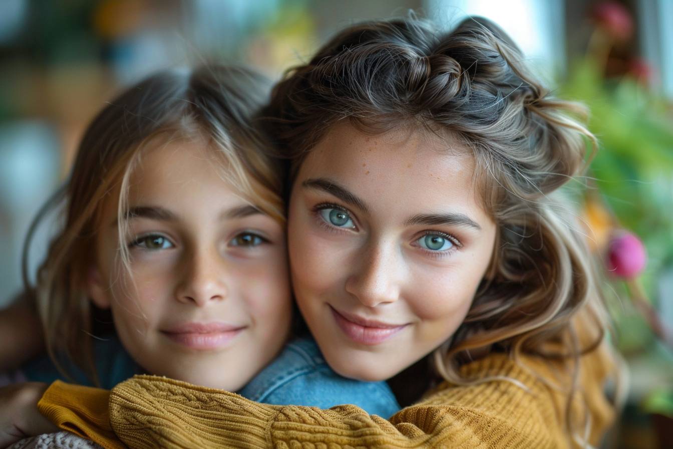 Two girls are smiling warmly at the camera while embracing each other, surrounded by a softly blurred indoor background.