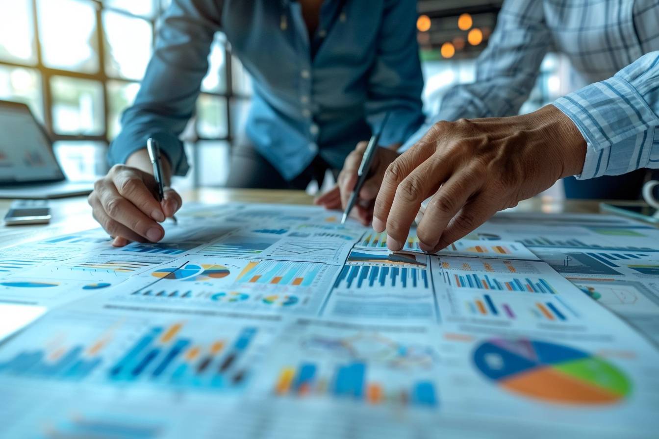 Two individuals analyzing charts and graphs on a table, taking notes with pens. A laptop is visible in the background.