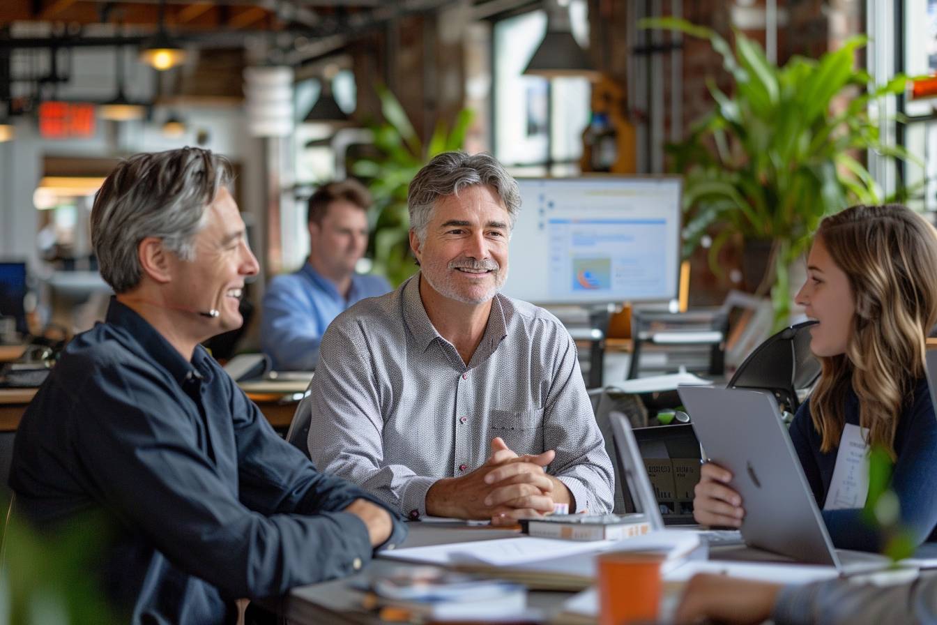 A group of three professionals engage in a collaborative discussion in a bright, modern office environment, showcasing teamwork and communication.