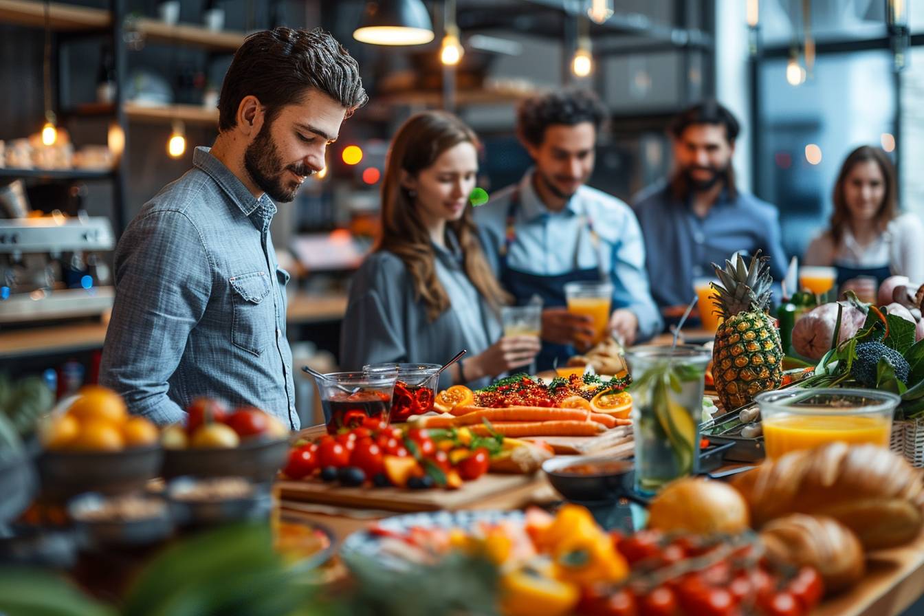 A group of friends enjoying a vibrant buffet with colorful fruits, vegetables, and drinks in a lively café setting, showcasing culinary delights.