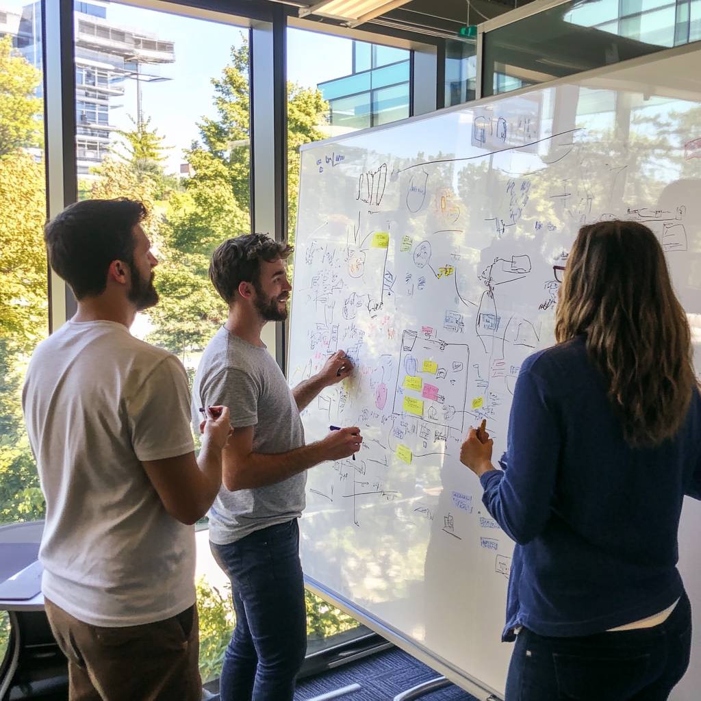 Three colleagues are brainstorming around a whiteboard filled with colorful notes and drawings, engaged in a creative discussion in a bright office.