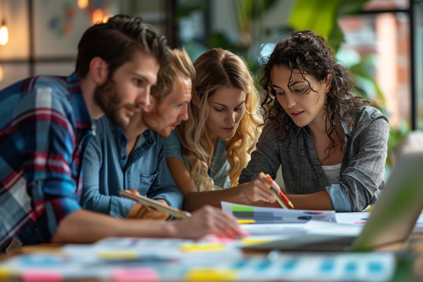 A group of four young professionals collaborates at a table filled with documents and sticky notes, focused on creative brainstorming.